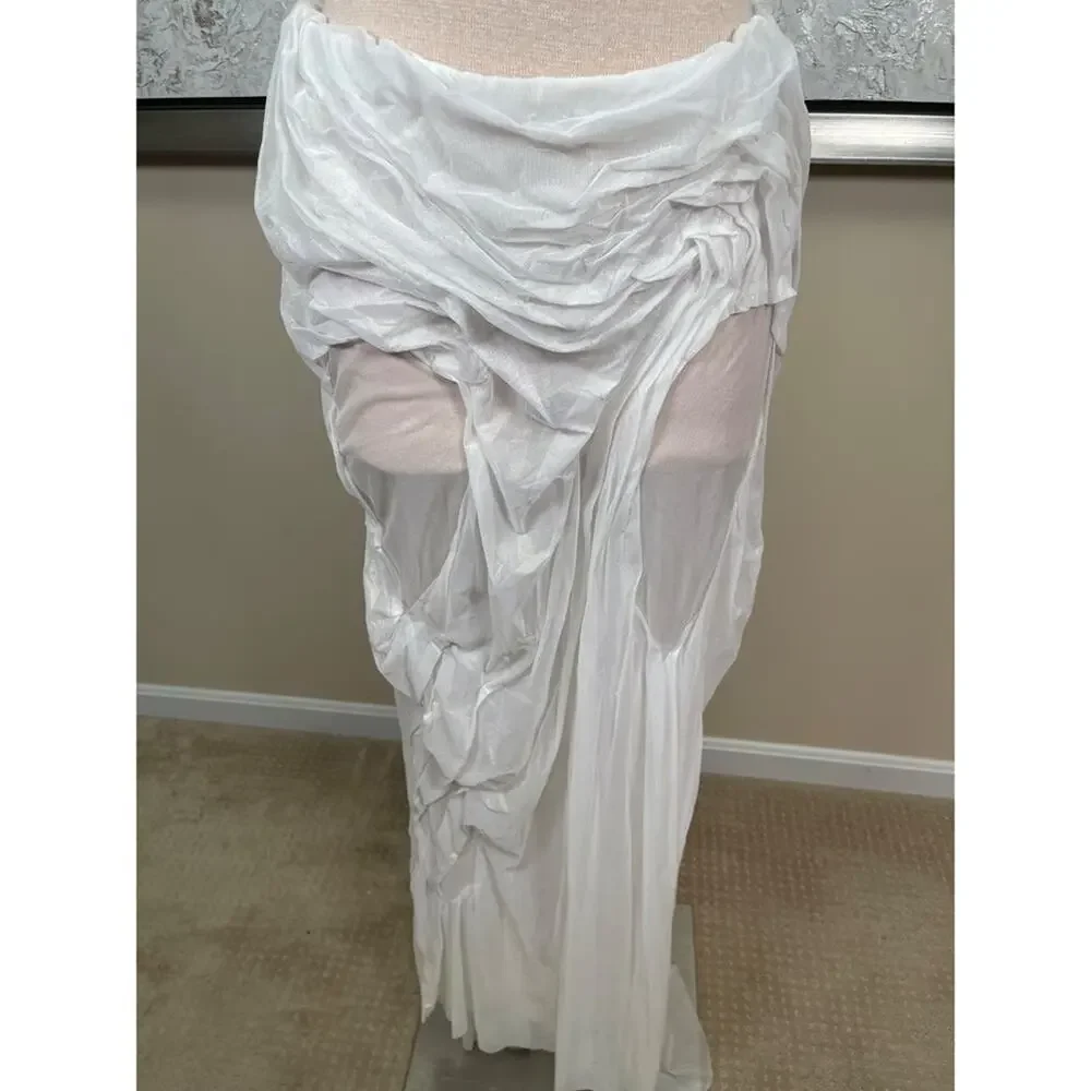 DI PETSA Long Sheer Wet Look High low Draped White Iridescent Maxi Skirt Sz L - Picture 4 of 8